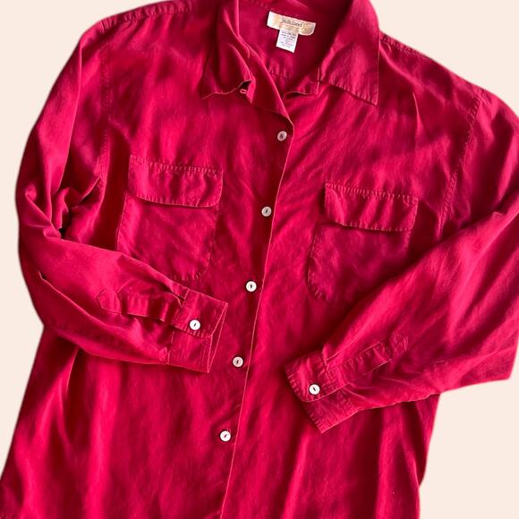 Vintage Red 100% Silk Blouse Size Large Silkland Collar Button Down Pocket - Picture 6 of 7